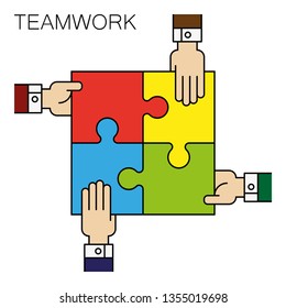 Four people hands putting puzzle 4 pieces. Teamwork business concept. Idea working together banner. Colaborative people design, vector puzzle illustration. Hand business man connecting puzzle elements