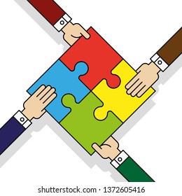 Four people hands putting puzzle 4 pieces. Teamwork business concept. Idea working together banner. Colaborative people design, vector puzzle illustration. Hand business man connecting puzzle elements