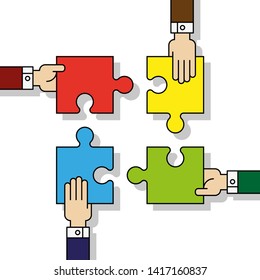 Four people hands putting puzzle 4 pieces. Teamwork business concept. Idea working together banner. Colaborative people design, vector puzzle illustration. Hand business man connecting puzzle elements