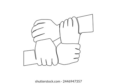 four people holding hands support together teamwork one line art design vector
