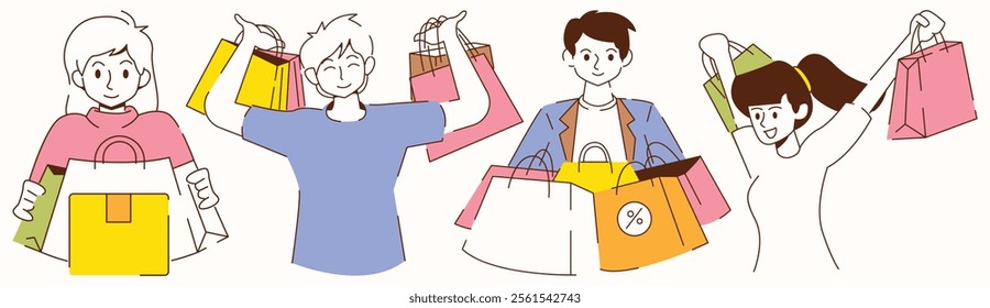 Four people are holding shopping bags. One of them is wearing a blue shirt. The other three are wearing pink shirts