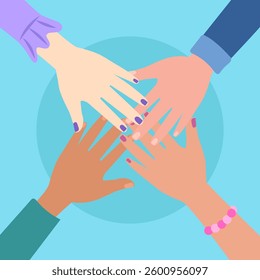 Four people joining hands together, showing unity, teamwork, and collaboration, with painted nails and bracelets symbolizing diversity and inclusion