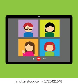 Four people are joining video call. Nowadays people use video conference because of the viruses. Video call are often used by students and employee. 