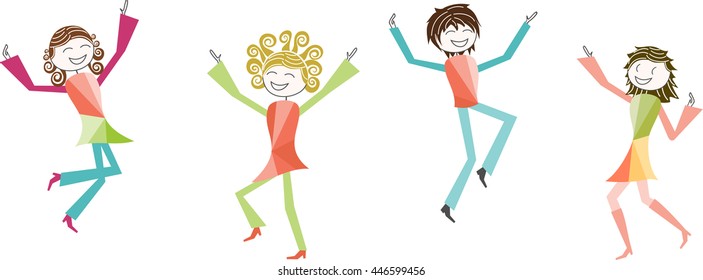 Four people jump with joy and dance with a communicative smile