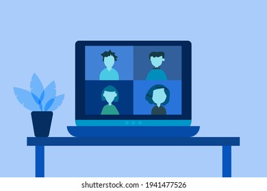 four people meeting video call online on the screen.
