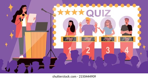 Four people participating in tv quiz show with female host and audience silhouette flat vector illustration