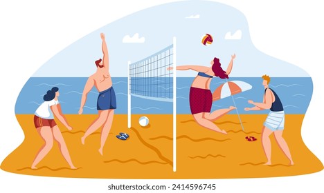 Four people playing beach volleyball on sand by the sea. Players in casual summer wear enjoy a sunny day game. Summer sports and beach activity. Friendship and teamwork vector illustration.