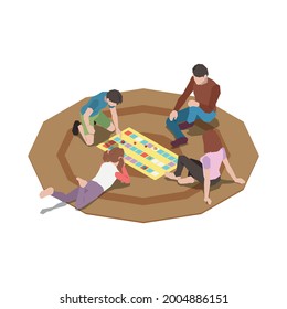 Four people playing board game on floor carpet 3d isometric vector illustration