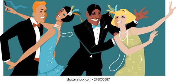 Four People Ressed In 1920s Style Clothes Dancing At Gatsby Style Party, Vector Illustration, EPS 8