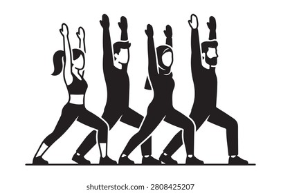 Four people in a row doing yoga poses with arms raised high in unison