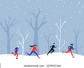 Four people running at winter park. Cold weather jogging group of man and women. Winter running club. Outdoor activity, flat illustration