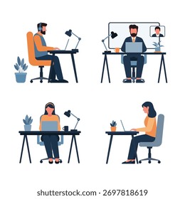 Four people are shown working on laptops at desks, with some using headphones and others participating in video calls, illustrating remote work and online collaboration.