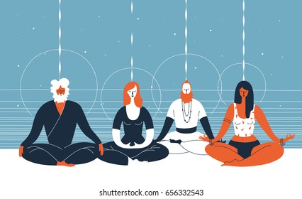 Four people sit with closed eyes and crossed legs and meditate against abstract blue background with horizontal lines and circles. Concept of group spiritual practice. Vector illustration for banner.