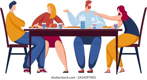 Four people sitting at a dining table enjoying a meal together. Casual dining, two women and two men engage in conversation. Friends or family gathering and eating vector illustration.