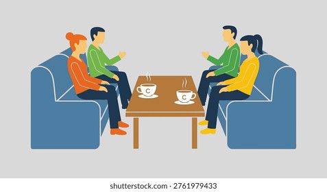 Four people are sitting on couches around a coffee table, enjoying coffee and conversation.