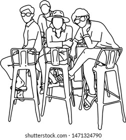 four people sitting on high chair together vector illustration sketch doodle hand drawn with black lines isolated on white background