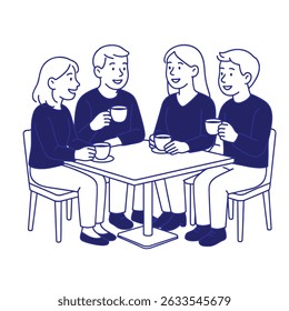 Four people sitting at table, drinking coffee and talking in simple vector line art.