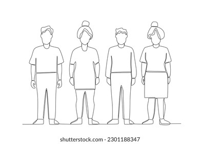 Cuatro personas de pie conforman la población. Dibujo de una sola línea de población mundial