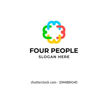 Four people teamwork logo. Family, team or friends holding hands in square logotype. Social network colorful symbol. Human community, friendship, unity icon isolated