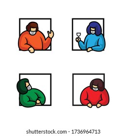 four people were talk each other in their windows. covid quarantine 19. pandemic coronavirus vector illustration