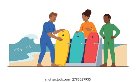 Four people in wetsuits standing on a sandy beach next to the ocean, holding colorful bodyboards.