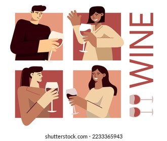 Four people with wine. Vector flat minimalist illustration