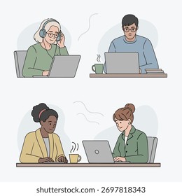 Four people working on laptops at desks in an office setting