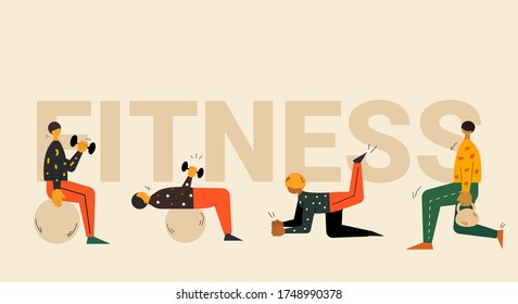 Four people working out together. Young people doing workouts. Gym and fitness workouts and exercises. Cardio exercises.  Gym workouts outdoor. Vector flat style illustration eps 10.