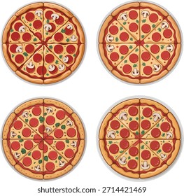 Four pepperoni pizzas with different toppings cut into slices arranged in two rows on a plain white background