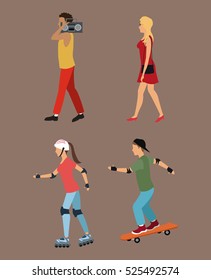 four person walking roller skating music