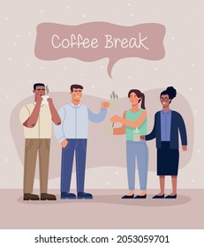 four persons in coffee break characters