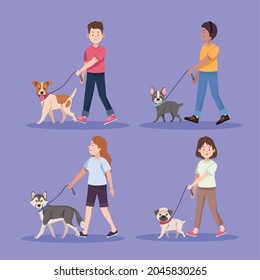 four persons with dogs walking characters