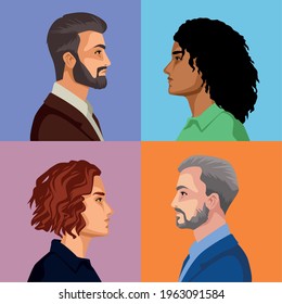 four persons group elegants characters