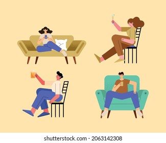 four persons relaxing characters group