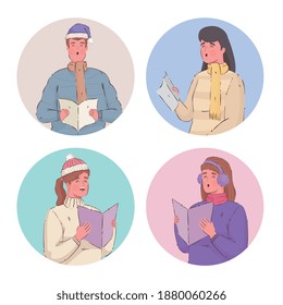 four persons wearing winter clothes singing christmas carols vector illustration design
