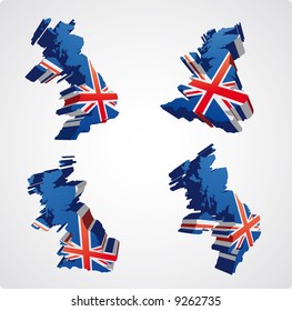 Four Perspective  Views In Three Dimensional Style Of The Uk With The Uk Flag Inside