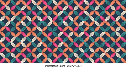 Four petals creates a multicolored texture. Vector decor and print, stylish design of seamless surfaces. Geometric colorful pattern.