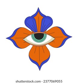 Four petals flower with human eye 2D linear cartoon object. Blossom spiritual imagination isolated line vector element white background. Fantasy prophecy, hallucination color flat spot illustration
