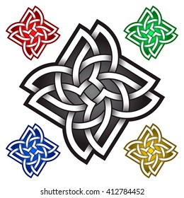 Four petals flower logo symbol in Celtic style. Tribal tattoo symbol. Silver stamp for jewelry design and samples of red, green, blue and golden colors.