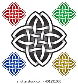 Four petals logo symbol in Celtic style. Tribal tattoo symbol. Silver stamp for jewelry design and samples of other colors.