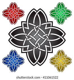 Four petals mandala logo symbol in Celtic style. Tribal tattoo symbol. Silver stamp for jewelry design and samples of other colors.