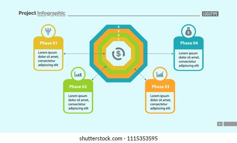 Four phase process chart with descriptions. Element of chart, diagram, presentation. Concept for annual report, infographic, web design. Can be used for topics like money, finance, banking