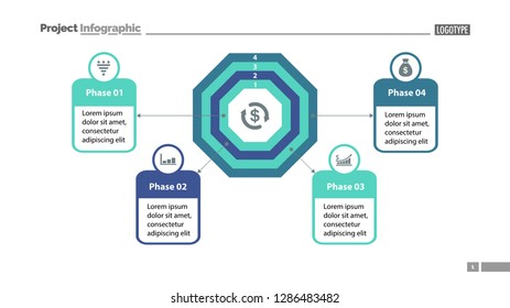 Four phase process chart with descriptions. Element of chart, diagram, presentation. Concept for annual report, infographic, web design. Can be used for topics like money, finance, banking