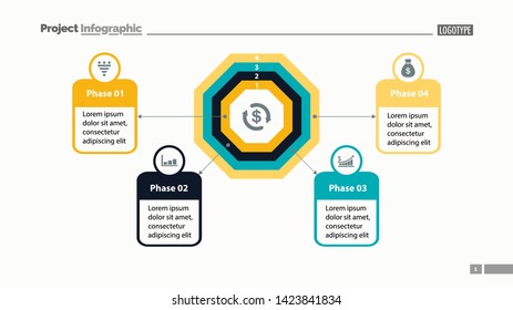 Four phase process chart with descriptions. Element of chart, diagram, presentation. Concept for annual report, infographic, web design. Can be used for topics like money, finance, banking