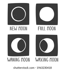 Cuatro fases de la luna. Símbolos astrológicos o astronómicos aislados sobre un fondo transparente.  Iconos de leyenda minimalista. Ilustración dibujada a mano por el vector