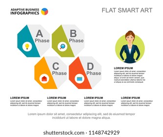 Four phases process chart template for presentation. Business data visualization. Plan, strategy, management or marketing creative concept for infographic, report, project layout.