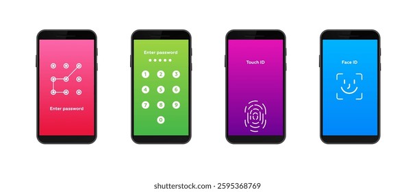 Four phones display varied security unlock methods: pattern, pin, fingerprint, and face id.