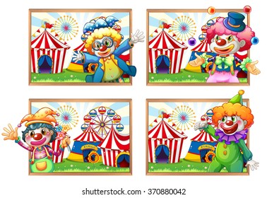 Four photo frame of clowns at the circus illustration