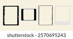 Four photo frames in different styles and sizes. Photo frames include a black border, a square, and a polaroid. Minimalist photo frames on a light background. Instant photo frames, vector set.