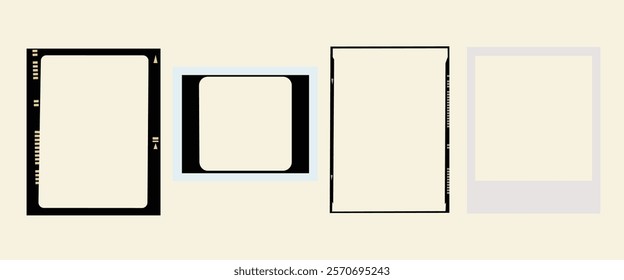 Four photo frames in different styles and sizes. Photo frames include a black border, a square, and a polaroid. Minimalist photo frames on a light background. Instant photo frames, vector set.